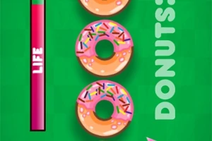 Tre donuts med lyserød glasur og farverige krymmel ligger på en grøn baggrund ved siden af en lodret lyspunktsmåler og teksten DONUTS!