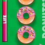 Tre donuts med lyserød glasur og farverige krymmel ligger på en grøn baggrund ved siden af en lodret lyspunktsmåler og teksten DONUTS!