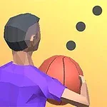 En lavpoly-figur iført en lilla trøje holder en basketball mod en gul baggrund med tre sorte prikker over bolden