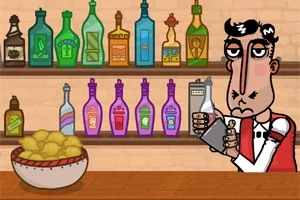 En tegneserie-bartender står bag en bar med farverige flasker på hylderne og en skål citroner på disken