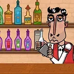 En tegneserie-bartender står bag en bar med farverige flasker på hylderne og en skål citroner på disken