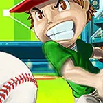 Tegneseriefigur med rød kasket og grøn trøje svinger et baseballbat mod en stor baseball på en stadion