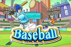 En tegnet scene af en baseballspiller i blåt tøj og hjelm der står klar til at slå, mens en anden spiller kaster bolden på en farverig stadionbaggrund med ordet Baseball fremhævet i forgrunden