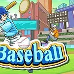 En tegnet scene af en baseballspiller i blåt tøj og hjelm der står klar til at slå, mens en anden spiller kaster bolden på en farverig stadionbaggrund med ordet Baseball fremhævet i forgrunden