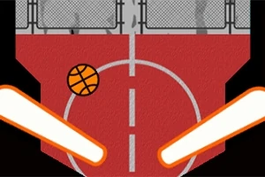 Rødt basketballbane-design med en bold og to oplyste flippere