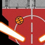 Rødt basketballbane-design med en bold og to oplyste flippere
