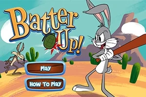 Tegneseriefigur med en baseballbat i en ørken omgivet af kaktusser, med teksten Batter Up!