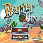 Tegneseriefigur med en baseballbat i en ørken omgivet af kaktusser, med teksten Batter Up!