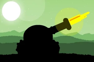 Silhouet af en kanon, der skyder et projektil mod en grøn landskabsbaggrund med sol og bjerge