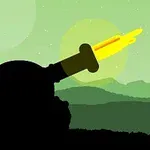 Silhouet af en kanon, der skyder et projektil mod en grøn landskabsbaggrund med sol og bjerge