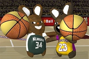 To kaninfigurer i basketballtrøjer, der holder basketballs på en bane