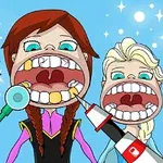 Tre animerede figurer med åbne munde viser tænderne, mens de bliver undersøgt med tandlægeinstrumenter