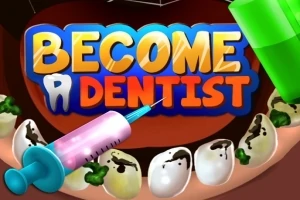 Farverige bogstaver med teksten Become a Dentist over et åbent gab med beskidte tænder og et lyserødt tandlægeværktøj