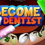 Farverige bogstaver med teksten Become a Dentist over et åbent gab med beskidte tænder og et lyserødt tandlægeværktøj