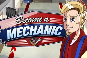 Tegneseriefigur med lyst hår og rød jakke står ved siden af et skilt med teksten Become a Mechanic i et værkstedslignende miljø