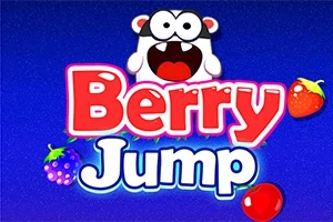 En tegneseriefigur med store øjne og åben mund over teksten Berry Jump på en blå baggrund med bær omkring