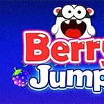 En tegneseriefigur med store øjne og åben mund over teksten Berry Jump på en blå baggrund med bær omkring