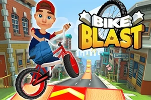 En animeret dreng iført rød kasket laver et cykelstunt på en rød cykel i en by med en tydelig Bike Blast tekst på himlen