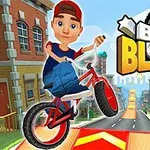 En animeret dreng iført rød kasket laver et cykelstunt på en rød cykel i en by med en tydelig Bike Blast tekst på himlen