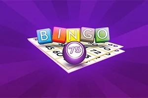 Farverige blokke med bogstaverne BINGO står oven på en bingoplade, med en lilla kugle markeret som 75 foran, mod en lilla baggrund