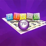 Farverige blokke med bogstaverne BINGO står oven på en bingoplade, med en lilla kugle markeret som 75 foran, mod en lilla baggrund