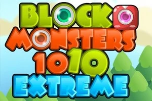 Farverig tekst med ordene Block Monsters 1010 Extreme foran en baggrund med træer og himmel