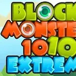 Farverig tekst med ordene Block Monsters 1010 Extreme foran en baggrund med træer og himmel