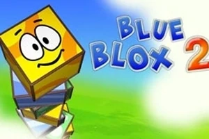 En stabel farverige, smilende firkanter med ansigter foran en blå og grøn baggrund med teksten Blue Blox 2