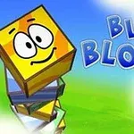 En stabel farverige, smilende firkanter med ansigter foran en blå og grøn baggrund med teksten Blue Blox 2