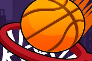 En tegneserieillustration af en basketball, der er ved at gå gennem en basketballkurv med en lilla bysilhuet i baggrunden