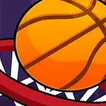 En tegneserieillustration af en basketball, der er ved at gå gennem en basketballkurv med en lilla bysilhuet i baggrunden