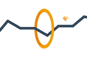 En blå zigzag-linje passerer gennem en orange ring med en diamantform i baggrunden