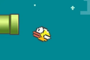 En gul, pixelgrafikfugl flyver mod en grøn røråbning på en blå baggrund med små hvide stjerner