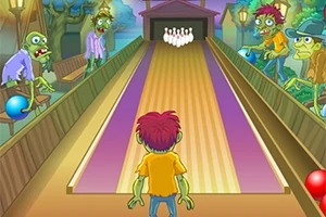 En tegneseriefigur står foran en bowlingbane omgivet af zombier, hver med en bowlingkugle, med kegler for enden af banen