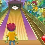 En tegneseriefigur står foran en bowlingbane omgivet af zombier, hver med en bowlingkugle, med kegler for enden af banen