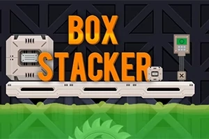 Industrielt tema med bokse på transportbånd, orange titeltekst BOX STACKER og grøn tandhjulsdekoration nederst