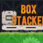Industrielt tema med bokse på transportbånd, orange titeltekst BOX STACKER og grøn tandhjulsdekoration nederst