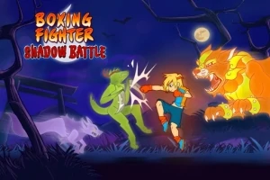 En anime-stil figur i kamp med en grøn skyggeagtig modstander og en stor gul tiger, om natten med fuldmåne i baggrunden