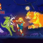 En anime-stil figur i kamp med en grøn skyggeagtig modstander og en stor gul tiger, om natten med fuldmåne i baggrunden