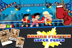 Pixeleret boksescene med to boksere i ringen og teksten Boxing Fighter Super Punch nederst