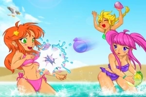 Tre tegnede figurer i farverige bikinier leger i vandet på en solrig strand med en lyseblå himmel i baggrunden