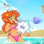 Tre tegnede figurer i farverige bikinier leger i vandet på en solrig strand med en lyseblå himmel i baggrunden