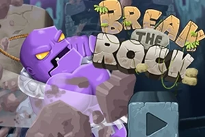 Lilla figur med vredt udtryk knuser sten ved siden af teksten Break the Rock med en trekantet play-knap i bunden