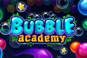Farverige sæbebobler og stjerner på en mørk baggrund med teksten Bubble Academy i midten