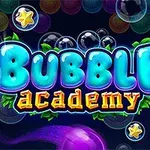 Farverige sæbebobler og stjerner på en mørk baggrund med teksten Bubble Academy i midten