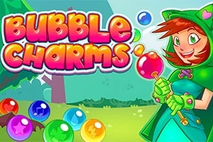 Tegneseriefigur i grønt tøj holder en farverig boble omgivet af flere farvede bobler, med teksten Bubble Charms i baggrunden