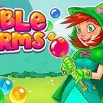 Tegneseriefigur i grønt tøj holder en farverig boble omgivet af flere farvede bobler, med teksten Bubble Charms i baggrunden