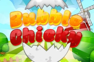 Farverig tegneseriestil med teksten Bubble Chicky og et knækket æg i forgrunden, omgivet af en vindmølle og grønne landskaber