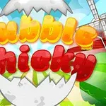 Farverig tegneseriestil med teksten Bubble Chicky og et knækket æg i forgrunden, omgivet af en vindmølle og grønne landskaber