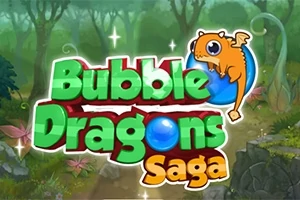 Farverigt skovlandskab med teksten Bubble Dragons Saga og en tegnet dragefigur ovenpå bogstaverne